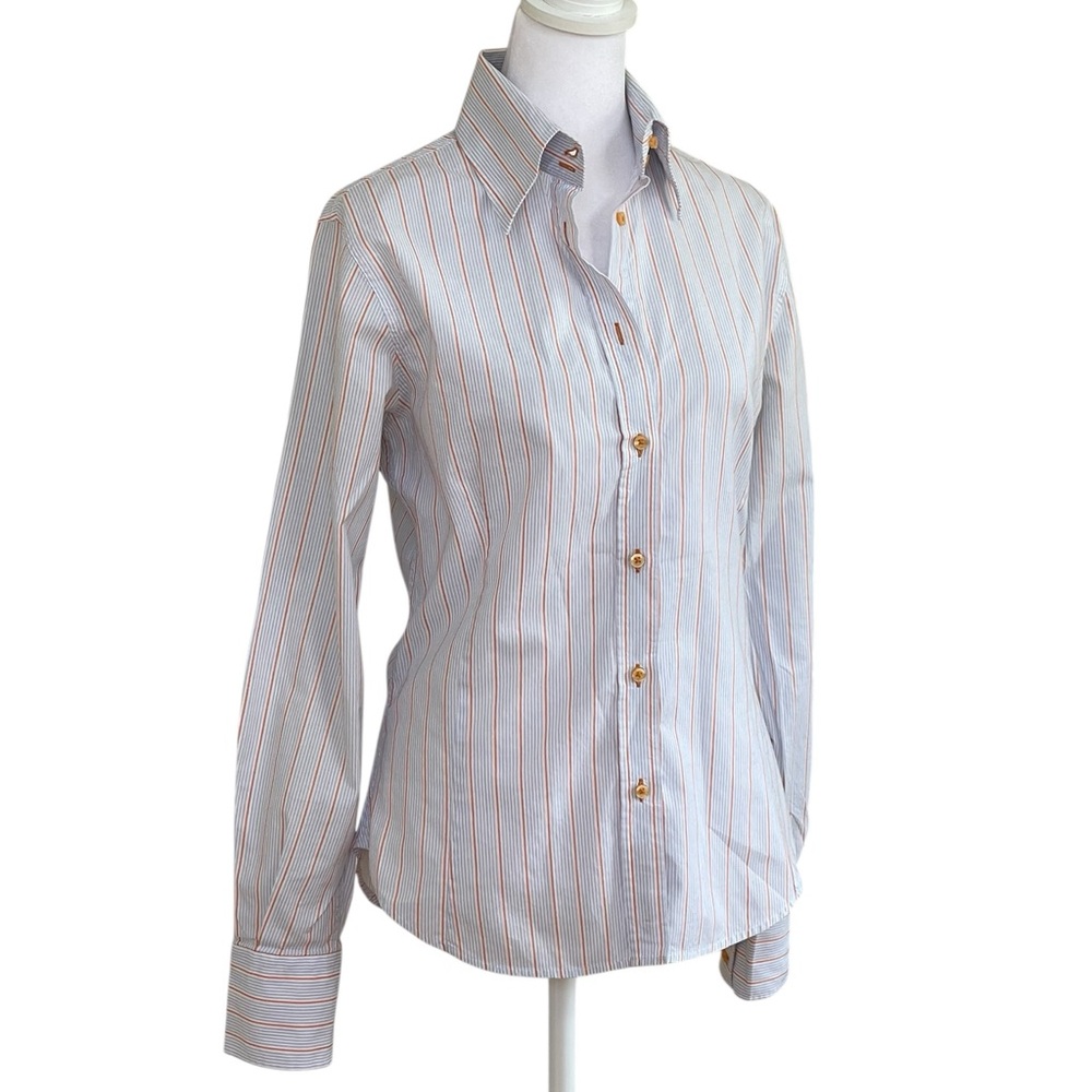 Kuhlman Blue White Orange Striped Button-Up Shirt Women’s Sz 42 S Cotton Turkey
